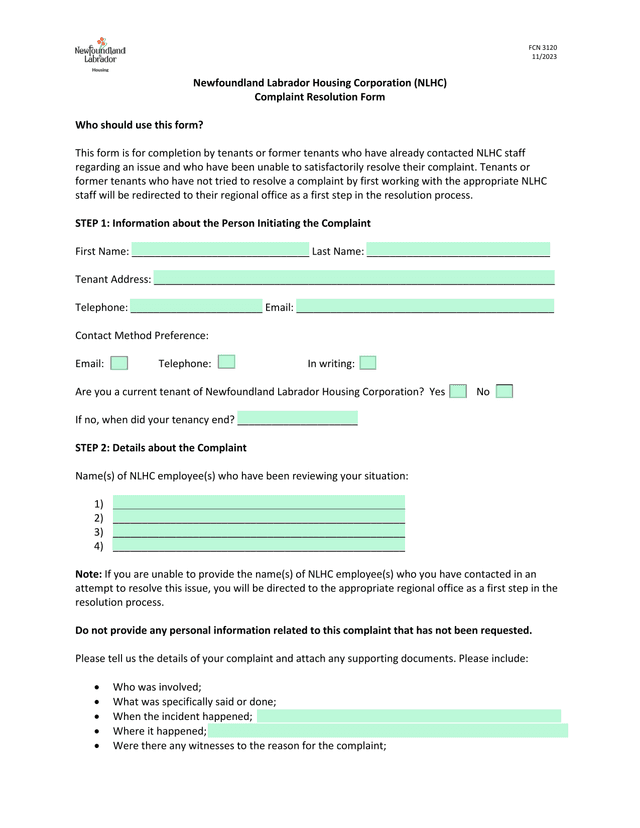 Complaint Resolution Form screenshot