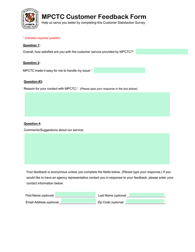 MPCTC Customer Feedback Form screenshot