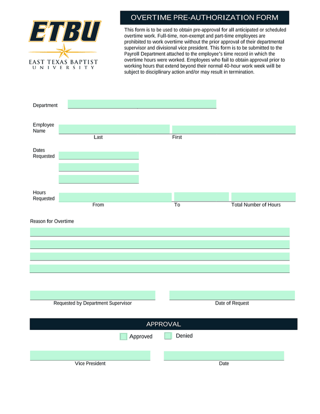 OVERTIME PRE AUTHORIZATION FORM screenshot