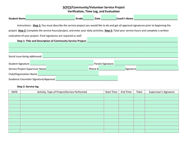 SCFCSCommunityVolunteer Service Project Verification, Time Log, And Evaluation screenshot