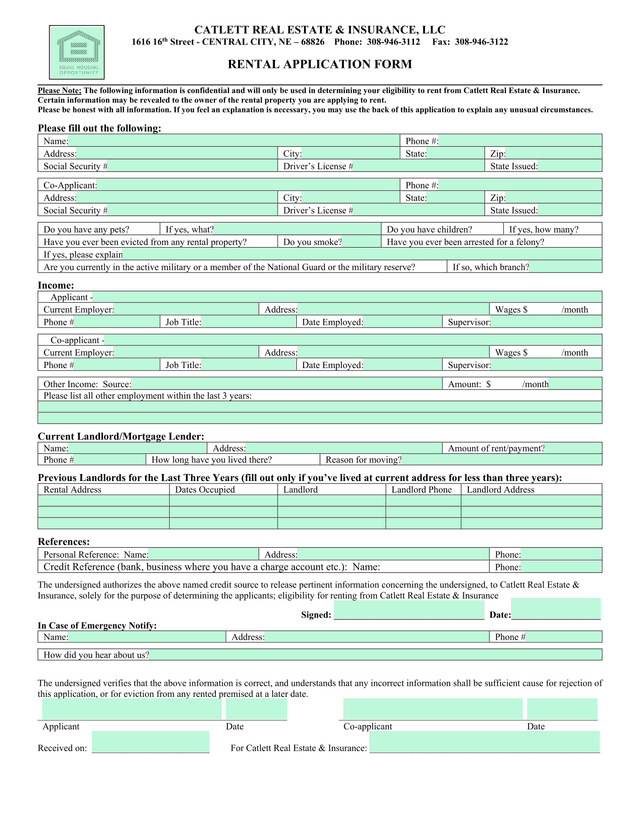 RENTAL APPLICATION FORM screenshot