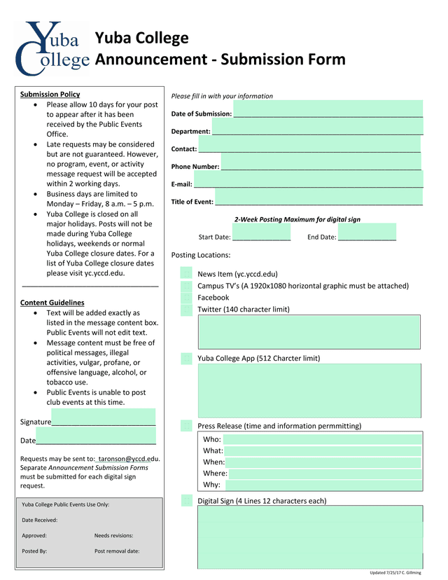 Yuba College Announcement   Submission Form screenshot