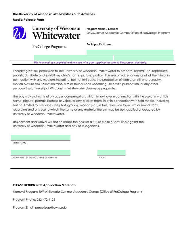 Youth Activities Media Release Form screenshot
