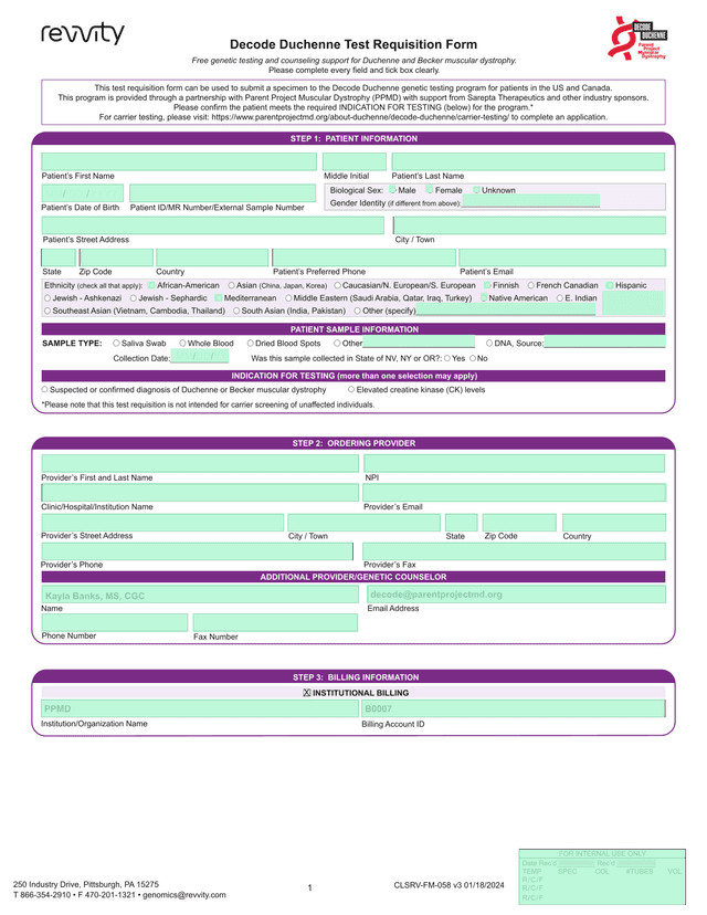 Decode Duchenne Test Requisition Form screenshot