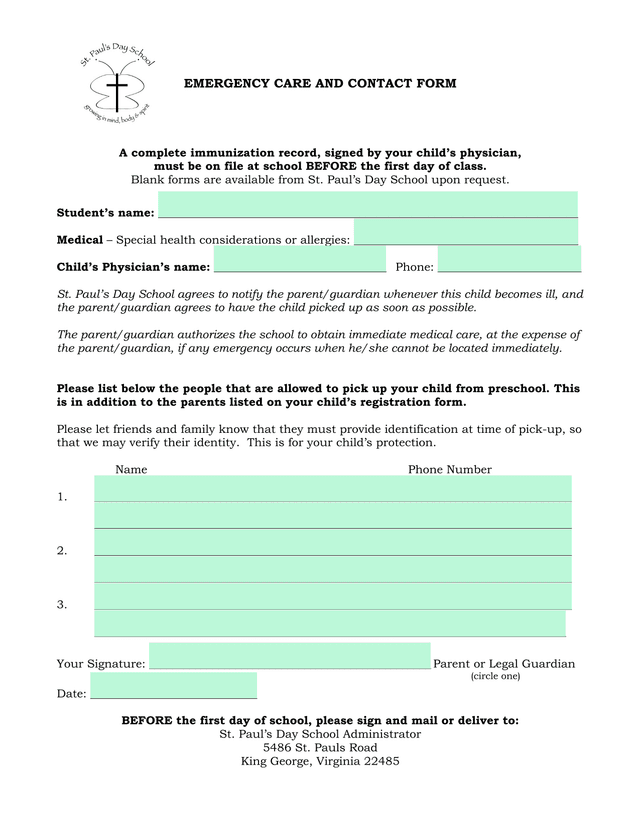 EMERGENCY CARE AND CONTACT FORM screenshot