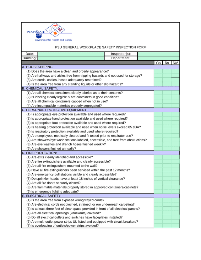 PSU General Workplace Safety Inspection Form screenshot