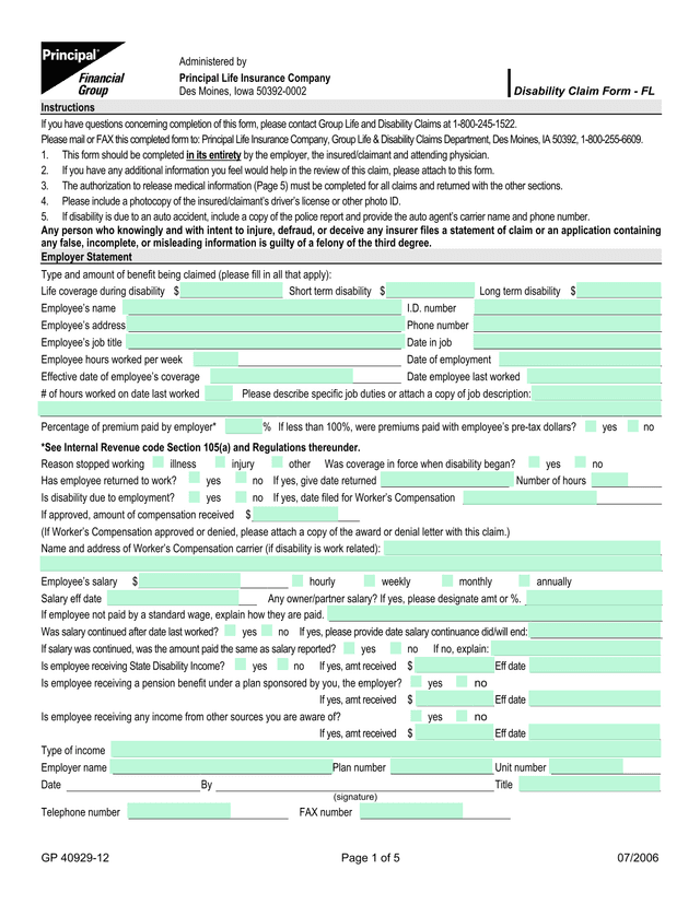 Disability Claim Form   FL screenshot