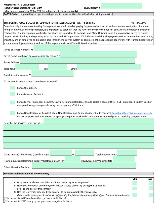 MISSOURI STATE UNIVERSITY INDEPENDENT CONTRACTOR FORM screenshot