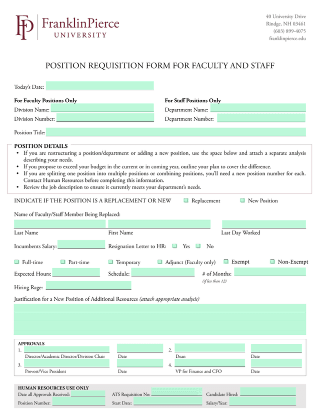 POSITION REQUISITION FORM FOR FACULTY AND STAFF screenshot