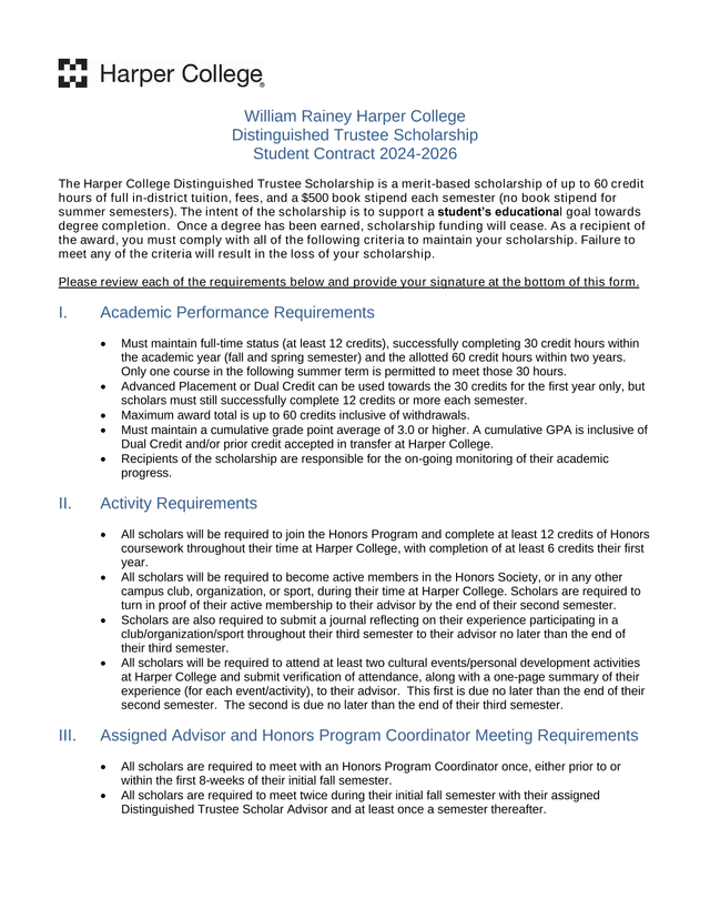 William Rainey Harper College Distinguished Trustee Scholarship Student Contract 2024 2026 screenshot