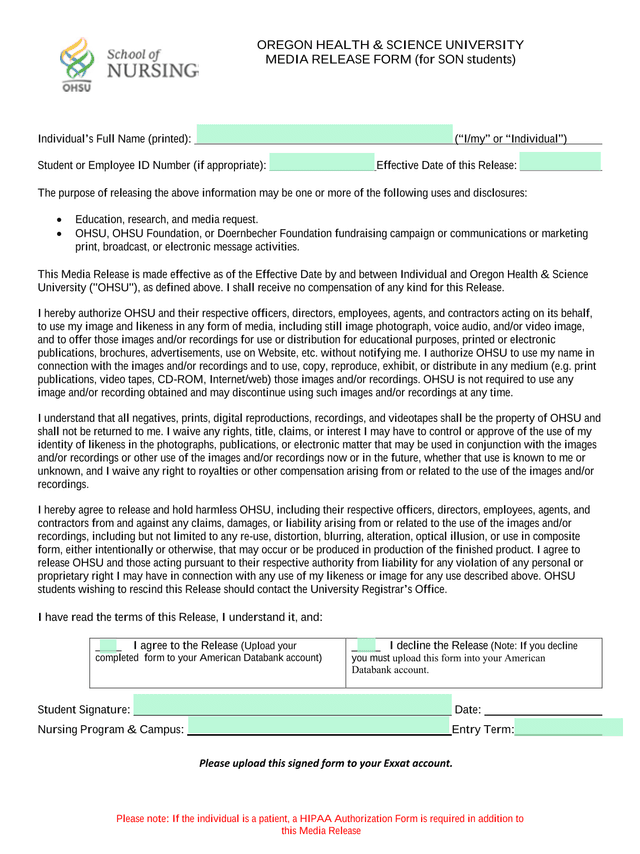 MEDIA RELEASE FORM (For SON Students) screenshot