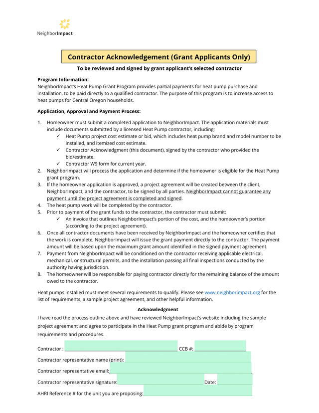NeighborImpact Heat Pump Grant Program   Contractor Acknowledgment screenshot