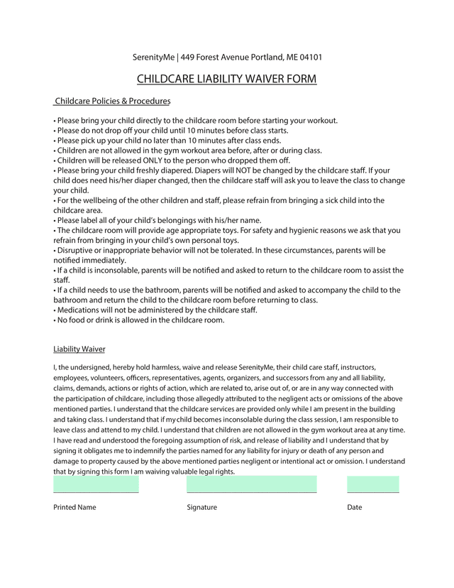 Childcare Liability Waiver Form screenshot