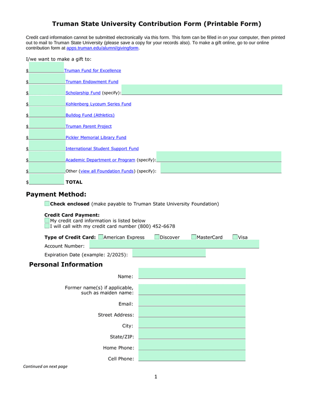 Truman State University Contribution Form screenshot