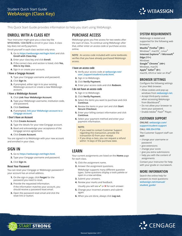 Student Quick Start Guide WebAssign (Class Key) screenshot