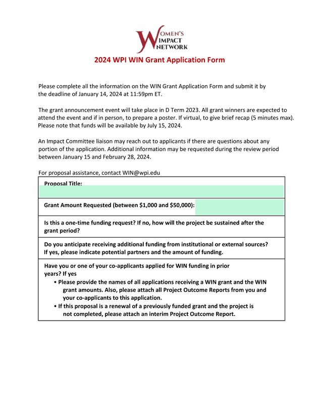 2024 WPI WIN Grant Application Form screenshot