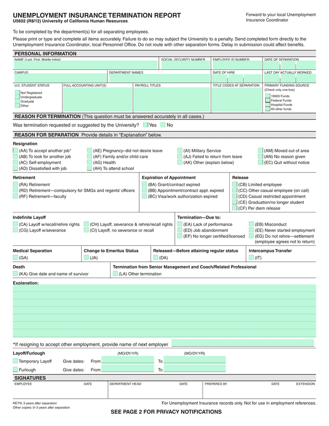 Unemployment Insurance Termination Report screenshot