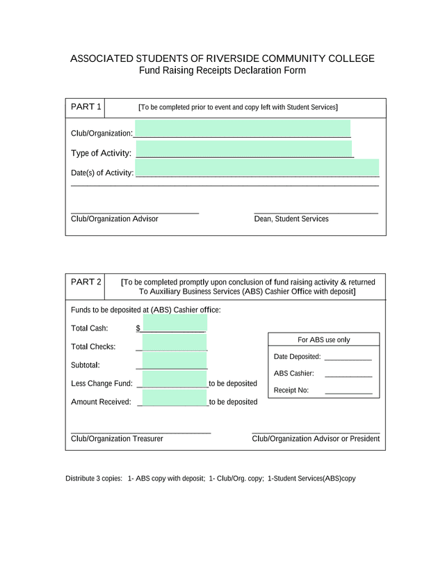 Fund Raising Receipts Declaration Form screenshot