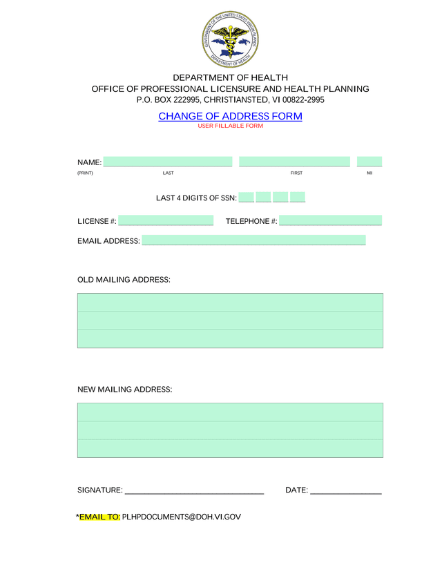 Change Of Address Form screenshot