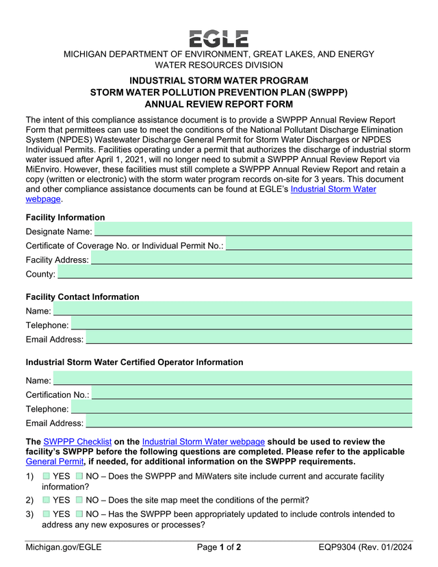 Storm Water Pollution Prevention Plan (SWPPP) Annual Review Report Form screenshot