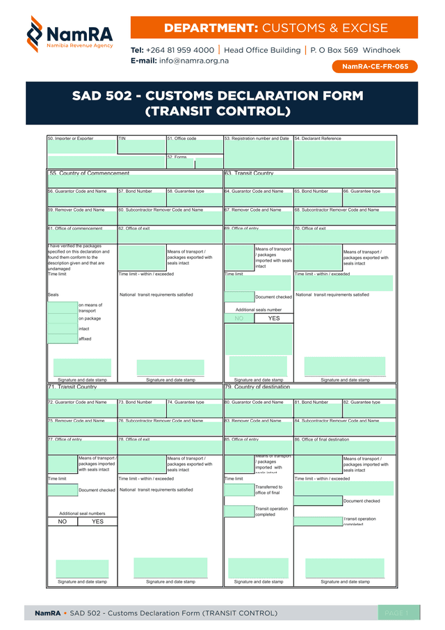 SAD 502   Customs Declaration Form (TRANSIT CONTROL) screenshot