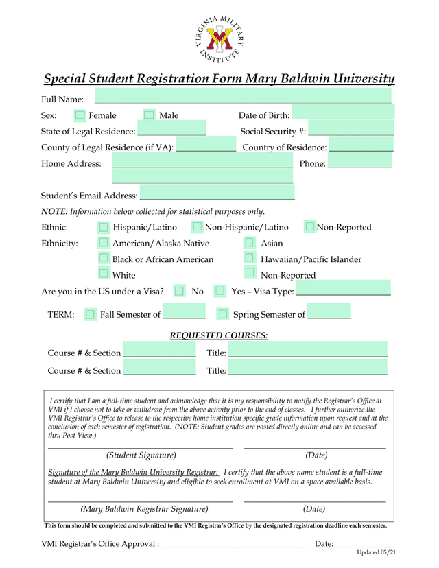 Special Student Registration Form Mary Baldwin University screenshot