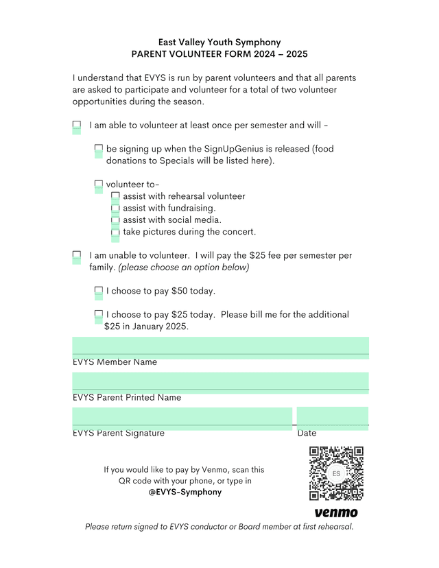East Valley Youth Symphony Parent Volunteer Form 2024  2025 screenshot
