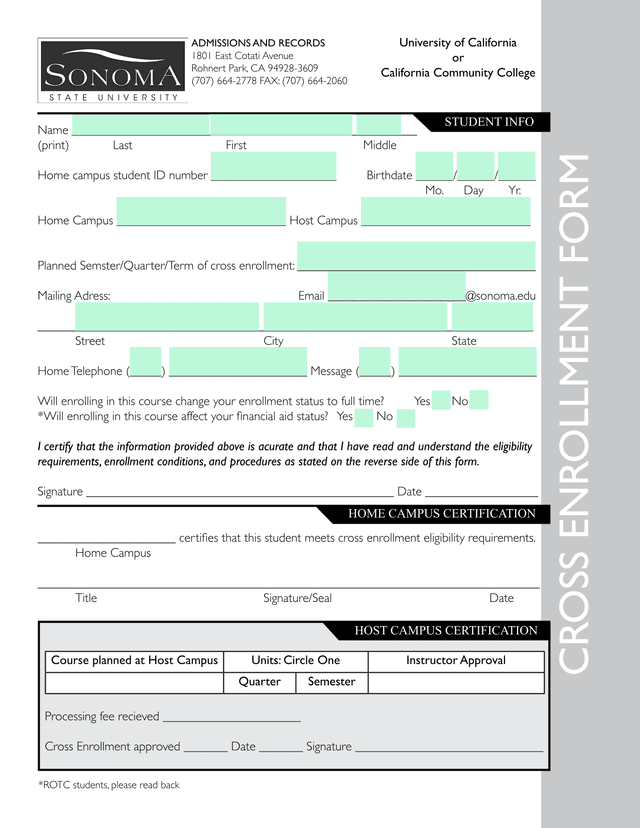 Cross Enrollment Form screenshot