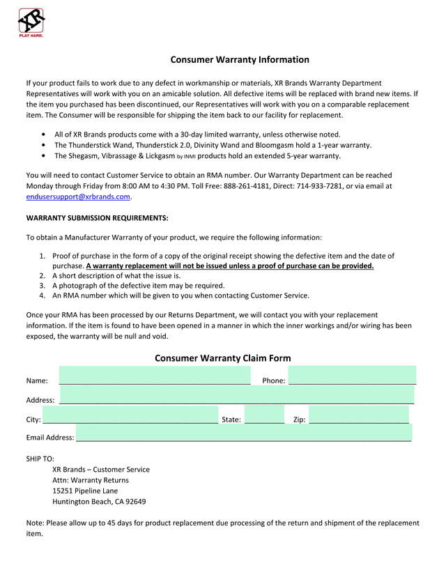 Consumer Warranty Information screenshot