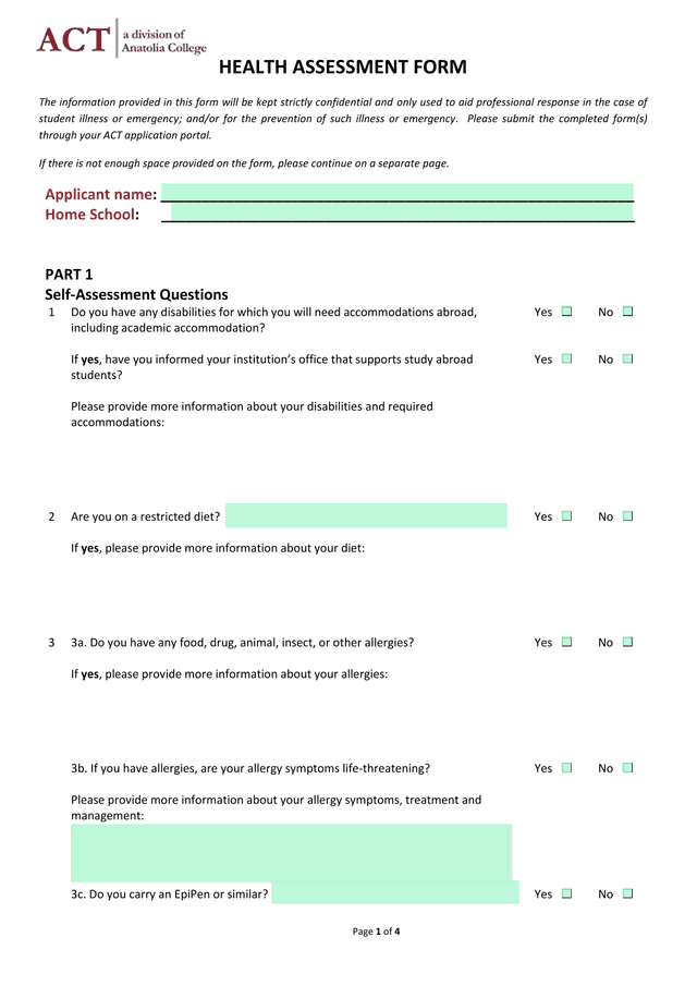 HEALTH ASSESSMENT FORM screenshot
