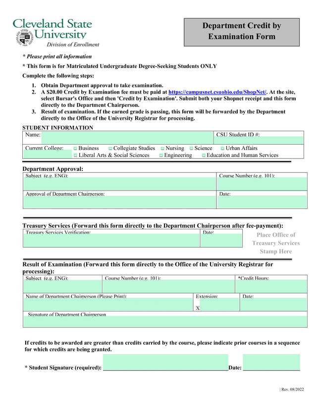 Department Credit By Examination Form screenshot