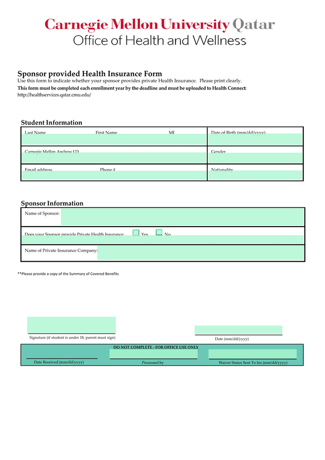 Sponsor Provided Health Insurance Form screenshot