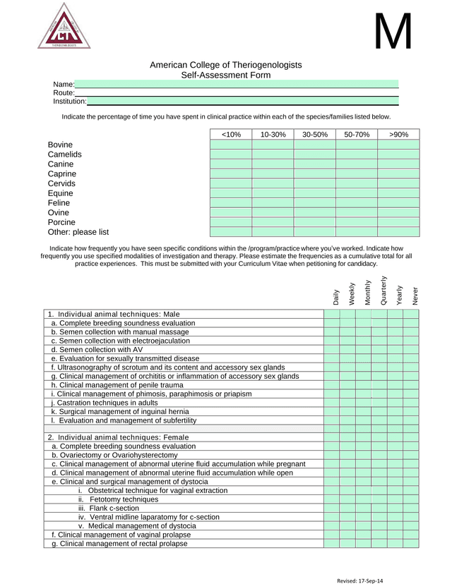 American College Of Theriogenologists Self Assessment Form screenshot