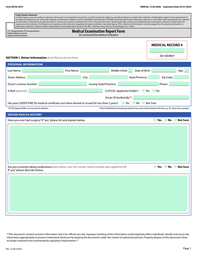 Form MCSA 5875 Medical Examination Report Form screenshot