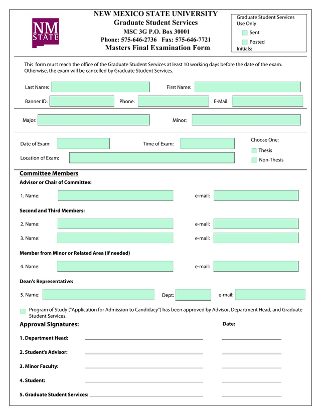 Masters Final Examination Form screenshot