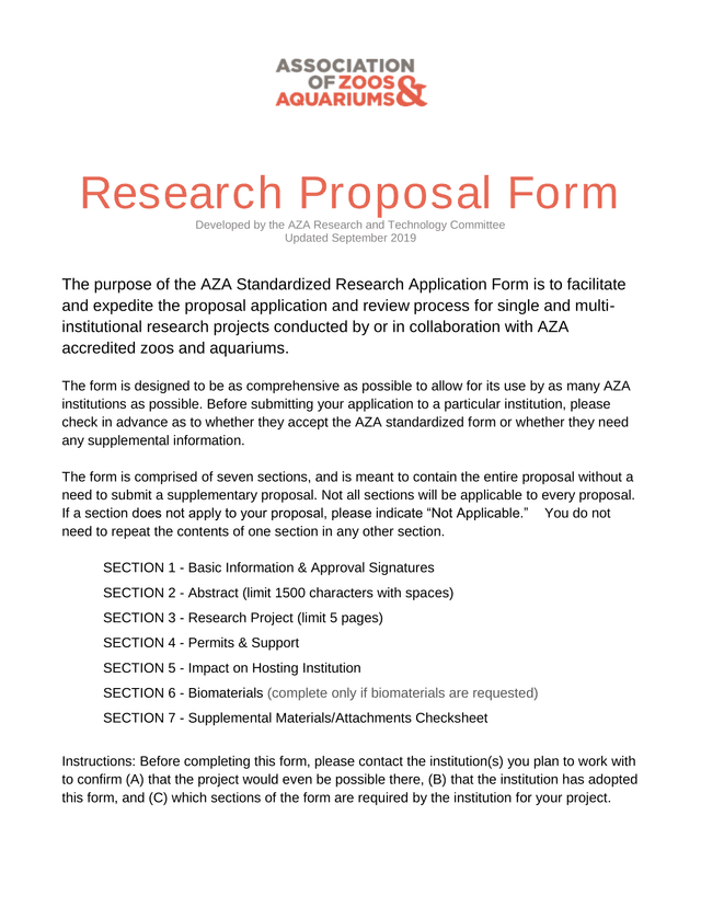 AZA Standardized Research Application Form screenshot