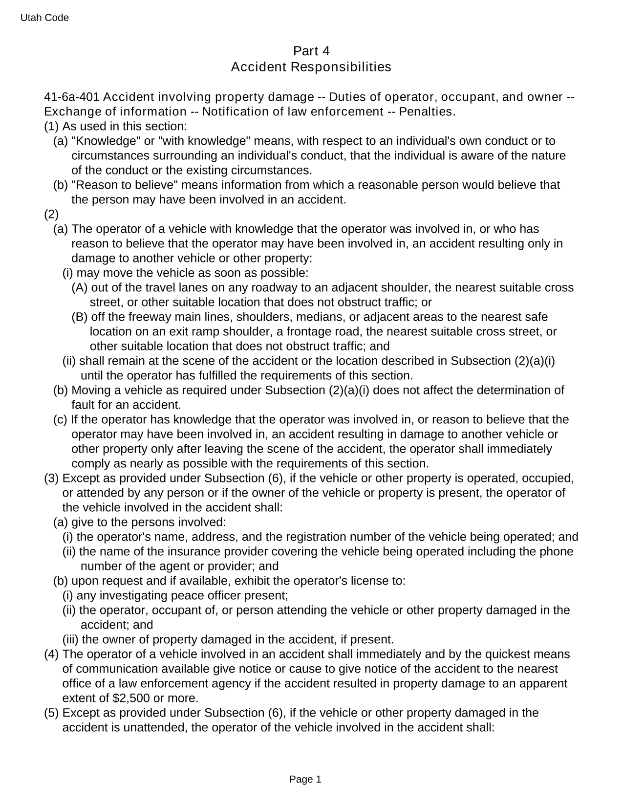 Utah Code 41 6a 401 Accident Responsibilities screenshot