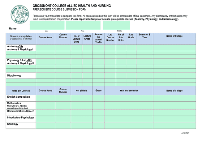 Grossmont College Allied Health And Nursing Prerequisite Course Submission Form screenshot