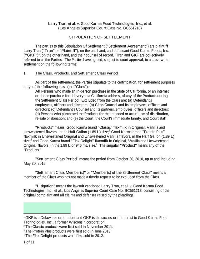 Stipulation Of Settlement   Larry Tran V. Good Karma Food Technologies, Inc. screenshot