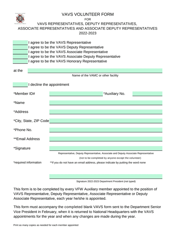VAVS VOLUNTEER FORM screenshot