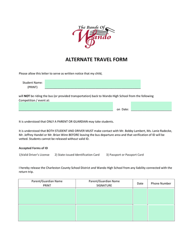 Alternate Travel Form screenshot