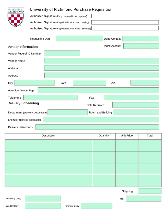 University Of Richmond Purchase Requisition screenshot