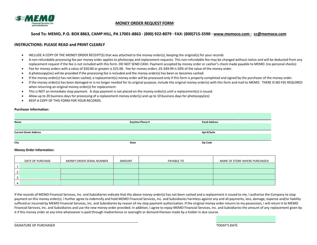 Money Order Request Form screenshot