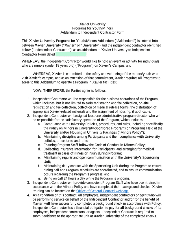 Xavier University Programs For YouthMinors Addendum To Independent Contractor Form screenshot