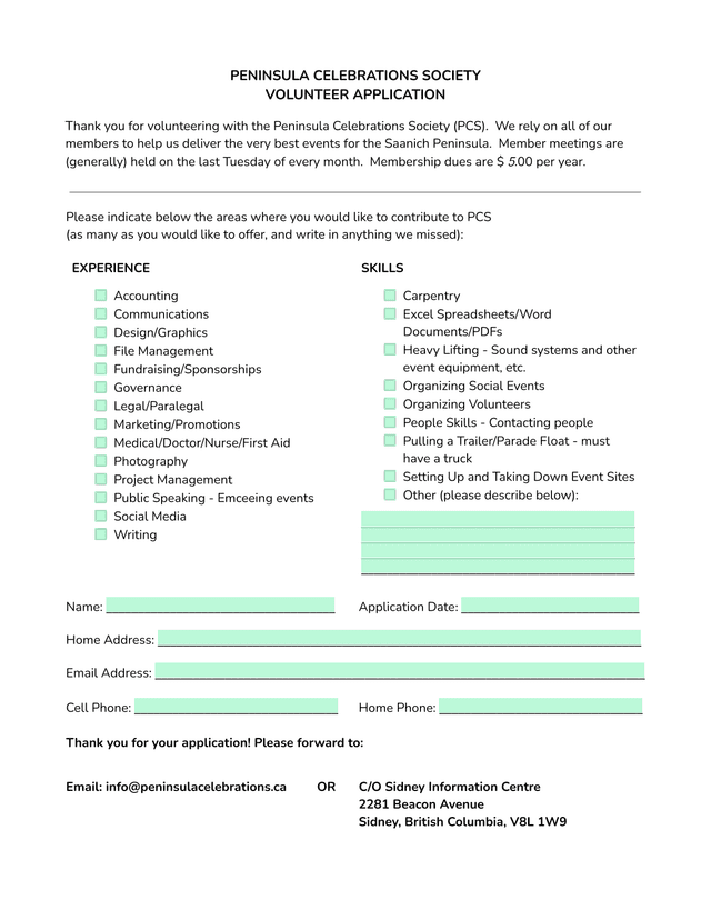 Peninsula Celebrations Society Volunteer Application screenshot