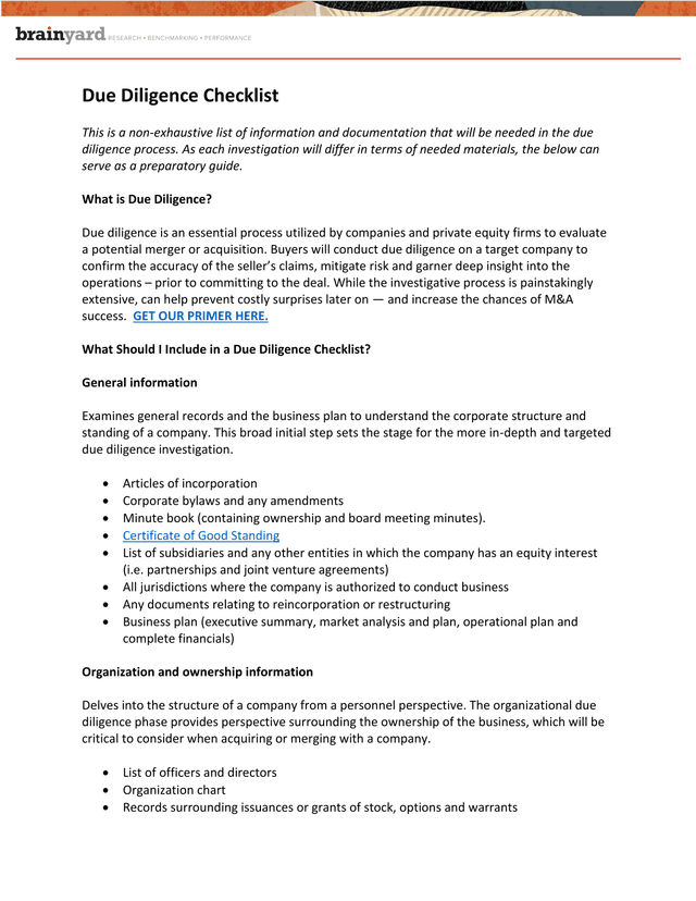 Due Diligence Checklist screenshot