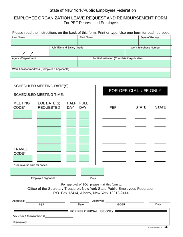Employee Organization Leave Request And Reimbursement Form screenshot