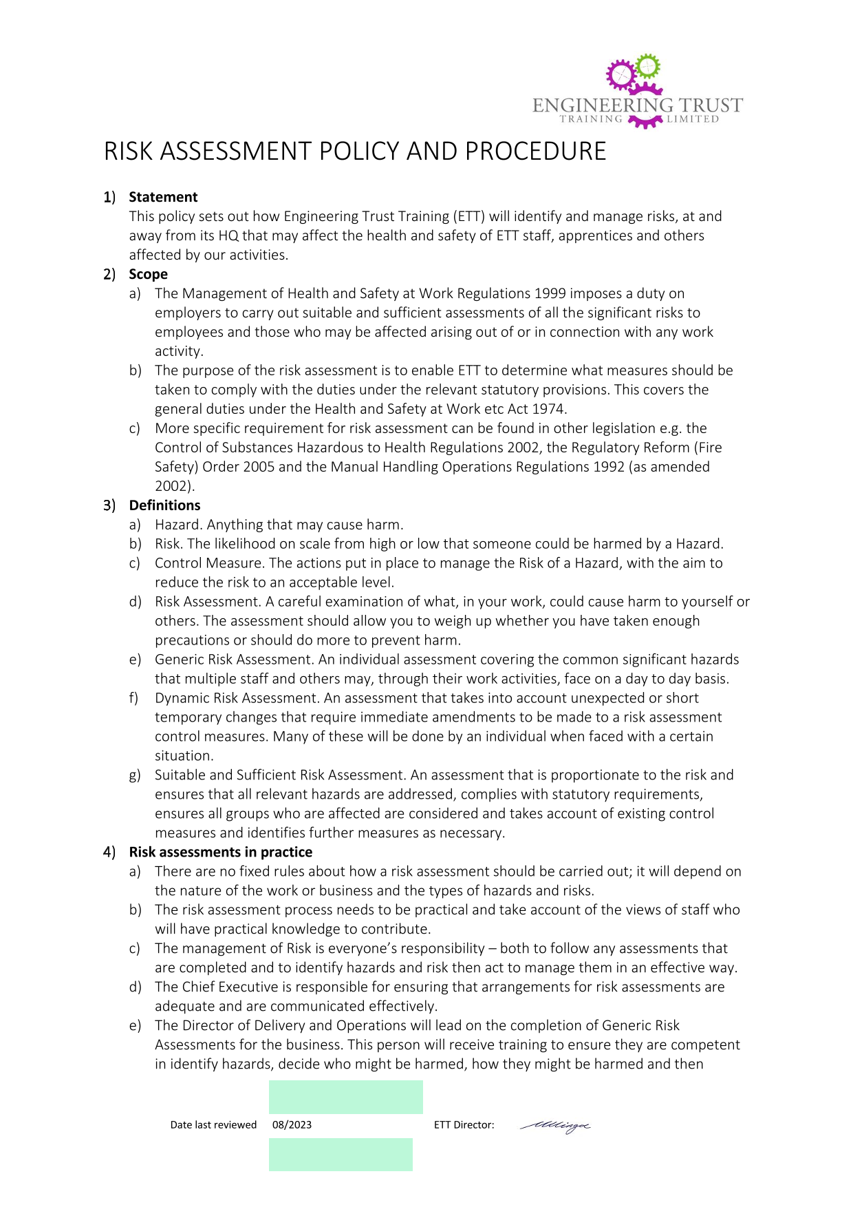 RISK ASSESSMENT POLICY AND PROCEDURE screenshot