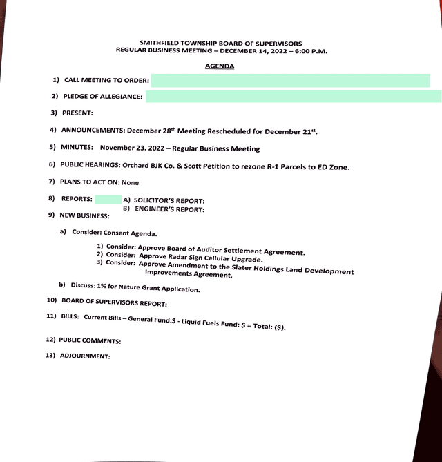 Smithfield Township Board Of Supervisors Regular Business Meeting Agenda screenshot