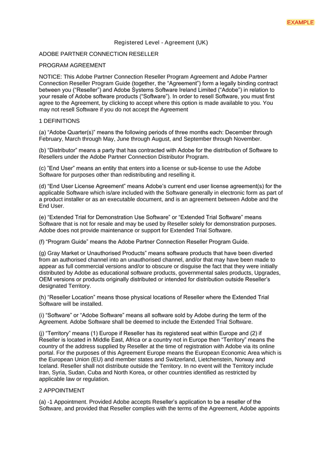 Adobe Partner Connection Reseller Program Agreement screenshot